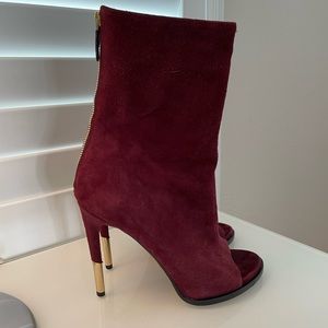 GIVENCHY Purple Burgundy Maroon Suede Leather Peep Toe Stiletto Ankle Boot